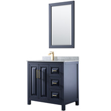 Wyndham  WCV252536SBLCMUNSM24 Daria 36 Inch Single Bathroom Vanity in Dark Blue, White Carrara Marble Countertop, Undermount Square Sink, 24 Inch Mirror