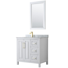 Wyndham  WCV252536SWGCMUNSM24 Daria 36 Inch Single Bathroom Vanity in White, White Carrara Marble Countertop, Undermount Square Sink, 24 Inch Mirror, Brushed Gold Trim