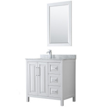 Wyndham  WCV252536SWHCMUNSM24 Daria 36 Inch Single Bathroom Vanity in White, White Carrara Marble Countertop, Undermount Square Sink, and 24 Inch Mirror
