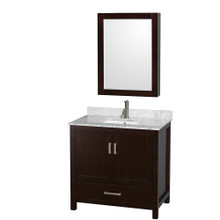 Wyndham  WCS141436SESCMUNSMED Sheffield 36 Inch Single Bathroom Vanity in Espresso, White Carrara Marble Countertop, Undermount Square Sink, and Medicine Cabinet