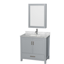 Wyndham  WCS141436SGYCMUNSMED Sheffield 36 Inch Single Bathroom Vanity in Gray, White Carrara Marble Countertop, Undermount Square Sink, and Medicine Cabinet