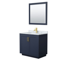 Wyndham  WCF292936SBLCMUNSM34 Miranda 36 Inch Single Bathroom Vanity in Dark Blue, White Carrara Marble Countertop, Undermount Square Sink, Brushed Gold Trim, 34 Inch Mirror