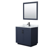 Wyndham  WCF292936SBBCMUNSM34 Miranda 36 Inch Single Bathroom Vanity in Dark Blue, White Carrara Marble Countertop, Undermount Square Sink, Matte Black Trim, 34 Inch Mirror