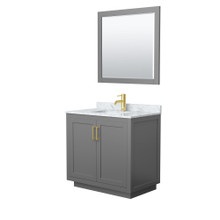Wyndham  WCF292936SGGCMUNSM34 Miranda 36 Inch Single Bathroom Vanity in Dark Gray, White Carrara Marble Countertop, Undermount Square Sink, Brushed Gold Trim, 34 Inch Mirror