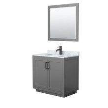 Wyndham  WCF292936SGBCMUNSM34 Miranda 36 Inch Single Bathroom Vanity in Dark Gray, White Carrara Marble Countertop, Undermount Square Sink, Matte Black Trim, 34 Inch Mirror