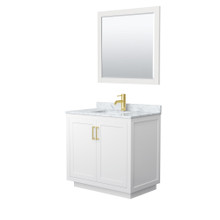 Wyndham  WCF292936SWGCMUNSM34 Miranda 36 Inch Single Bathroom Vanity in White, White Carrara Marble Countertop, Undermount Square Sink, Brushed Gold Trim, 34 Inch Mirror