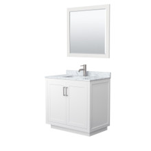 Wyndham  WCF292936SWHCMUNSM34 Miranda 36 Inch Single Bathroom Vanity in White, White Carrara Marble Countertop, Undermount Square Sink, Brushed Nickel Trim, 34 Inch Mirror