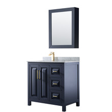 Wyndham  WCV252536SBLCMUNSMED Daria 36 Inch Single Bathroom Vanity in Dark Blue, White Carrara Marble Countertop, Undermount Square Sink, Medicine Cabinet