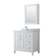 Wyndham  WCV252536SWHCMUNSMED Daria 36 Inch Single Bathroom Vanity in White, White Carrara Marble Countertop, Undermount Square Sink, and Medicine Cabinet