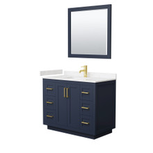 Wyndham  WCF292942SBLC2UNSM34 Miranda 42 Inch Single Bathroom Vanity in Dark Blue, Light-Vein Carrara Cultured Marble Countertop, Undermount Square Sink, Brushed Gold Trim, 34 Inch Mirror