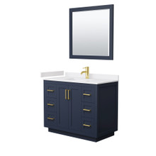 Wyndham  WCF292942SBLWCUNSM34 Miranda 42 Inch Single Bathroom Vanity in Dark Blue, White Cultured Marble Countertop, Undermount Square Sink, Brushed Gold Trim, 34 Inch Mirror