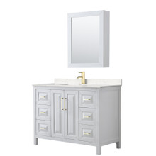 Wyndham  WCV252548SWGC2UNSMED Daria 48 Inch Single Bathroom Vanity in White, Light-Vein Carrara Cultured Marble Countertop, Undermount Square Sink, Medicine Cabinet, Brushed Gold Trim