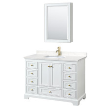 Wyndham  WCS202048SWGC2UNSMED Deborah 48 Inch Single Bathroom Vanity in White, Carrara Cultured Marble Countertop, Undermount Square Sink, Brushed Gold Trim, Medicine Cabinet