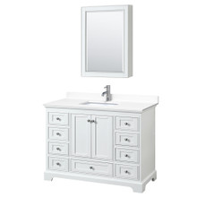 Wyndham  WCS202048SWHWCUNSMED Deborah 48 Inch Single Bathroom Vanity in White, White Cultured Marble Countertop, Undermount Square Sink, Medicine Cabinet