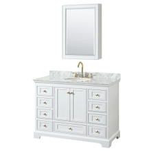 Wyndham  WCS202048SWGCMUNOMED Deborah 48 Inch Single Bathroom Vanity in White, White Carrara Marble Countertop, Undermount Oval Sink, Brushed Gold Trim, Medicine Cabinet