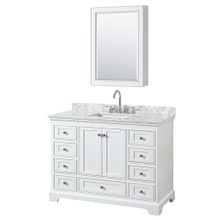 Wyndham  WCS202048SWHCMUNSMED Deborah 48 Inch Single Bathroom Vanity in White, White Carrara Marble Countertop, Undermount Square Sink, and Medicine Cabinet