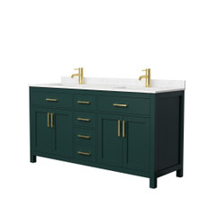 Wyndham  WCG242466DGDCCUNSMXX Beckett 66 Inch Double Bathroom Vanity in Green, Carrara Cultured Marble Countertop, Undermount Square Sinks, Brushed Gold Trim