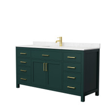 Wyndham  WCG242466SGDCCUNSMXX Beckett 66 Inch Single Bathroom Vanity in Green, Carrara Cultured Marble Countertop, Undermount Square Sink, Brushed Gold Trim