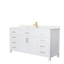 Wyndham  WCG242466SWGCCUNSMXX Beckett 66 Inch Single Bathroom Vanity in White, Carrara Cultured Marble Countertop, Undermount Square Sink, Brushed Gold Trim