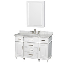 Wyndham  WCV171748SWHCMUNRMED Berkeley 48 Inch Single Bathroom Vanity in White, White Carrara Marble Countertop, Undermount Round Sink, 24 Inch Medicine Cabinet