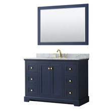Wyndham  WCV232348SBLCMUNOM46 Avery 48 Inch Single Bathroom Vanity in Dark Blue, White Carrara Marble Countertop, Undermount Oval Sink, and 46 Inch Mirror