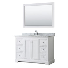 Wyndham  WCV232348SWHCMUNOM46 Avery 48 Inch Single Bathroom Vanity in White, White Carrara Marble Countertop, Undermount Oval Sink, and 46 Inch Mirror