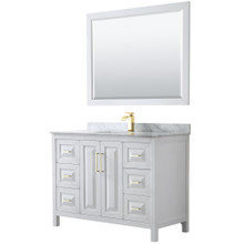 Wyndham  WCV252548SWGCMUNSM46 Daria 48 Inch Single Bathroom Vanity in White, White Carrara Marble Countertop, Undermount Square Sink, 46 Inch Mirror, Brushed Gold Trim