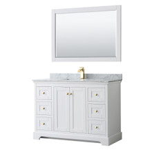 Wyndham  WCV232348SWGCMUNSM46 Avery 48 Inch Single Bathroom Vanity in White, White Carrara Marble Countertop, Undermount Square Sink, 46 Inch Mirror, Brushed Gold Trim