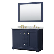 Wyndham  WCV232348DBLCMUNOM46 Avery 48 Inch Double Bathroom Vanity in Dark Blue, White Carrara Marble Countertop, Undermount Oval Sinks, 46 Inch Mirror