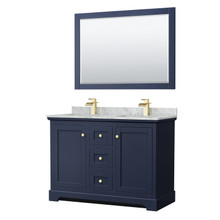 Wyndham  WCV232348DBLCMUNSM46 Avery 48 Inch Double Bathroom Vanity in Dark Blue, White Carrara Marble Countertop, Undermount Square Sinks, 46 Inch Mirror