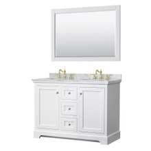 Wyndham  WCV232348DWGCMUNOM46 Avery 48 Inch Double Bathroom Vanity in White, White Carrara Marble Countertop, Undermount Oval Sinks, 46 Inch Mirror, Brushed Gold Trim