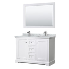 Wyndham  WCV232348DWHCMUNSM46 Avery 48 Inch Double Bathroom Vanity in White, White Carrara Marble Countertop, Undermount Square Sinks, 46 Inch Mirror