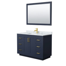 Wyndham  WCF292948SBLCMUNSM46 Miranda 48 Inch Single Bathroom Vanity in Dark Blue, White Carrara Marble Countertop, Undermount Square Sink, Brushed Gold Trim, 46 Inch Mirror