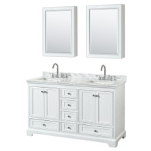 Wyndham  WCS202060DWHCMUNSMED Deborah 60 Inch Double Bathroom Vanity in White, White Carrara Marble Countertop, Undermount Square Sinks, and Medicine Cabinets