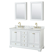 Wyndham  WCS202060DWGCMUNSMED Deborah 60 Inch Double Bathroom Vanity in White, White Carrara Marble Countertop, Undermount Square Sinks, Brushed Gold Trim, Medicine Cabinets