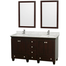 Wyndham  WCV800060DESCMUNSM24 Acclaim 60 Inch Double Bathroom Vanity in Espresso, White Carrara Marble Countertop, Undermount Square Sinks, and 24 Inch Mirrors
