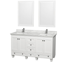 Wyndham  WCV800060DWHCMUNSM24 Acclaim 60 Inch Double Bathroom Vanity in White, White Carrara Marble Countertop, Undermount Square Sinks, and 24 Inch Mirrors
