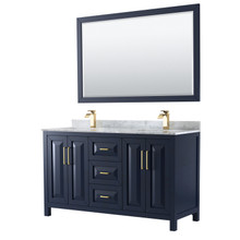 Wyndham  WCV252560DBLCMUNSM58 Daria 60 Inch Double Bathroom Vanity in Dark Blue, White Carrara Marble Countertop, Undermount Square Sinks, 58 Inch Mirror