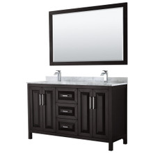 Wyndham  WCV252560DDECMUNSM58 Daria 60 Inch Double Bathroom Vanity in Dark Espresso, White Carrara Marble Countertop, Undermount Square Sinks, and 58 Inch Mirror
