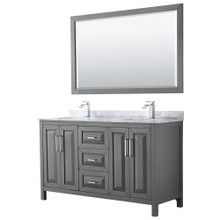 Wyndham  WCV252560DKGCMUNSM58 Daria 60 Inch Double Bathroom Vanity in Dark Gray, White Carrara Marble Countertop, Undermount Square Sinks, and 58 Inch Mirror