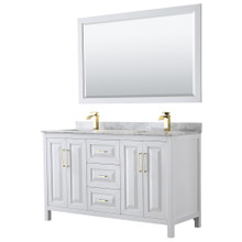 Wyndham  WCV252560DWGCMUNSM58 Daria 60 Inch Double Bathroom Vanity in White, White Carrara Marble Countertop, Undermount Square Sinks, 58 Inch Mirror, Brushed Gold Trim