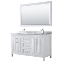 Wyndham  WCV252560DWHCMUNSM58 Daria 60 Inch Double Bathroom Vanity in White, White Carrara Marble Countertop, Undermount Square Sinks, and 58 Inch Mirror
