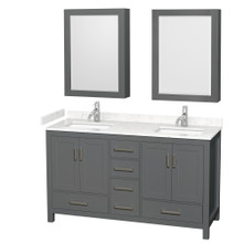 Wyndham  WCS141460DKGC2UNSMED Sheffield 60 Inch Double Bathroom Vanity in Dark Gray, Carrara Cultured Marble Countertop, Undermount Square Sinks, Medicine Cabinets