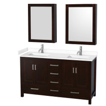 Wyndham  WCS141460DESWCUNSMED Sheffield 60 Inch Double Bathroom Vanity in Espresso, White Cultured Marble Countertop, Undermount Square Sinks, Medicine Cabinets