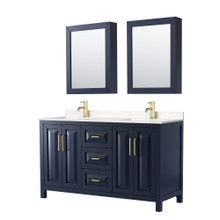 Wyndham  WCV252560DBLC2UNSMED Daria 60 Inch Double Bathroom Vanity in Dark Blue, Light-Vein Carrara Cultured Marble Countertop, Undermount Square Sinks, Medicine Cabinets