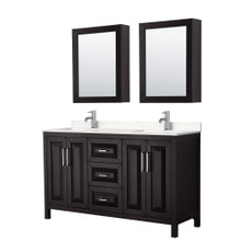 Wyndham  WCV252560DDEC2UNSMED Daria 60 Inch Double Bathroom Vanity in Dark Espresso, Light-Vein Carrara Cultured Marble Countertop, Undermount Square Sinks, Medicine Cabinets