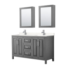 Wyndham  WCV252560DKGC2UNSMED Daria 60 Inch Double Bathroom Vanity in Dark Gray, Light-Vein Carrara Cultured Marble Countertop, Undermount Square Sinks, Medicine Cabinets