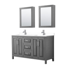 Wyndham  WCV252560DKGWCUNSMED Daria 60 Inch Double Bathroom Vanity in Dark Gray, White Cultured Marble Countertop, Undermount Square Sinks, Medicine Cabinets