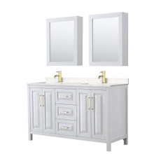 Wyndham  WCV252560DWGC2UNSMED Daria 60 Inch Double Bathroom Vanity in White, Light-Vein Carrara Cultured Marble Countertop, Undermount Square Sinks, Medicine Cabinets, Brushed Gold Trim