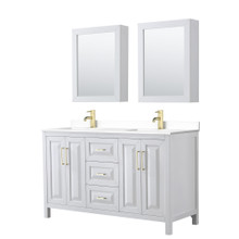 Wyndham  WCV252560DWGWCUNSMED Daria 60 Inch Double Bathroom Vanity in White, White Cultured Marble Countertop, Undermount Square Sinks, Medicine Cabinets, Brushed Gold Trim